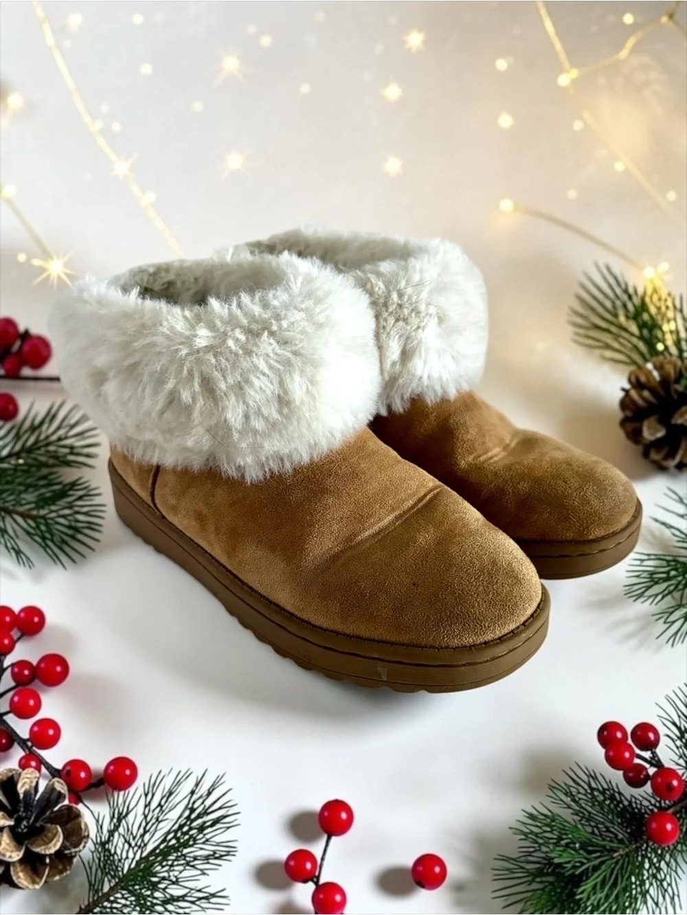 Thereabouts Kaylee Faux‑Fur Slippers | Tan Suede House Shoes | Big Girls Size 4M